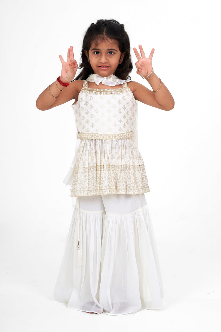 The Nesavu Girls Sharara / Plazo Set White Georgette Sharara Top and Palazzo Set for Girls with Sequence Embroidery for Celebrations Nesavu 16 (1Y) / White GPS466B-16 Nesavu White Georgette Sharara Top Palazzo Set Girls Sequence Embroidery Festive Events