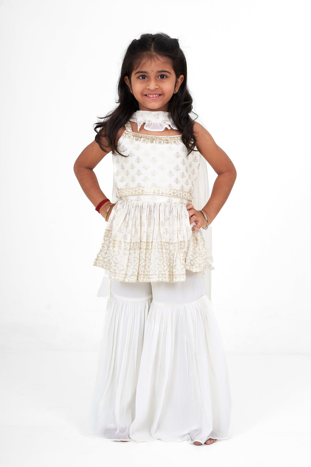 The Nesavu Girls Sharara / Plazo Set White Georgette Sharara Top and Palazzo Set for Girls with Sequence Embroidery for Celebrations Nesavu Nesavu White Georgette Sharara Top Palazzo Set Girls Sequence Embroidery Festive Events