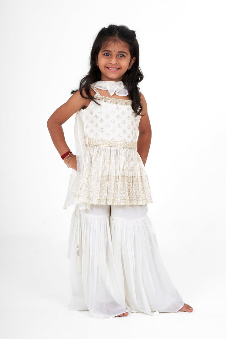 The Nesavu Girls Sharara / Plazo Set White Georgette Sharara Top and Palazzo Set for Girls with Sequence Embroidery for Celebrations Nesavu Nesavu White Georgette Sharara Top Palazzo Set Girls Sequence Embroidery Festive Events