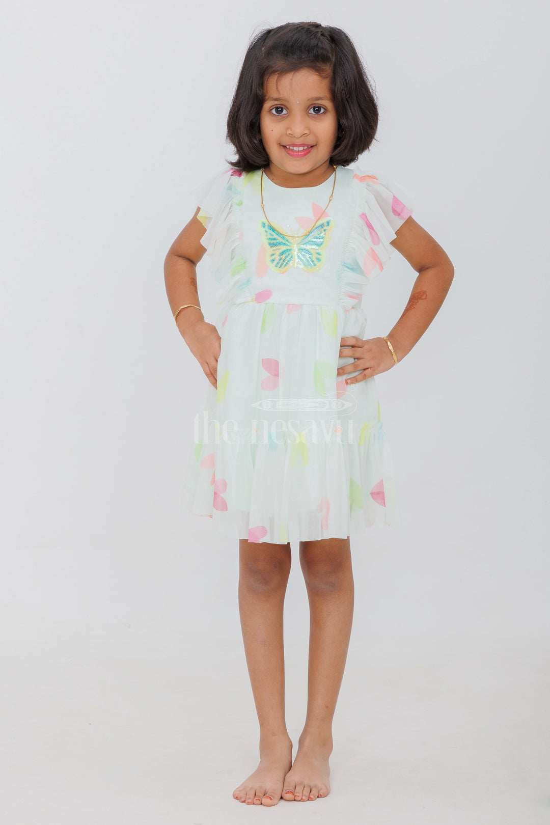 The Nesavu Girls Fancy Frock White Girls Fancy Frock with Butterfly Embroidery and Soft Net Overlay Nesavu Nesavu White Girls Fancy Frock Butterfly Embroidery Soft Net Overlay