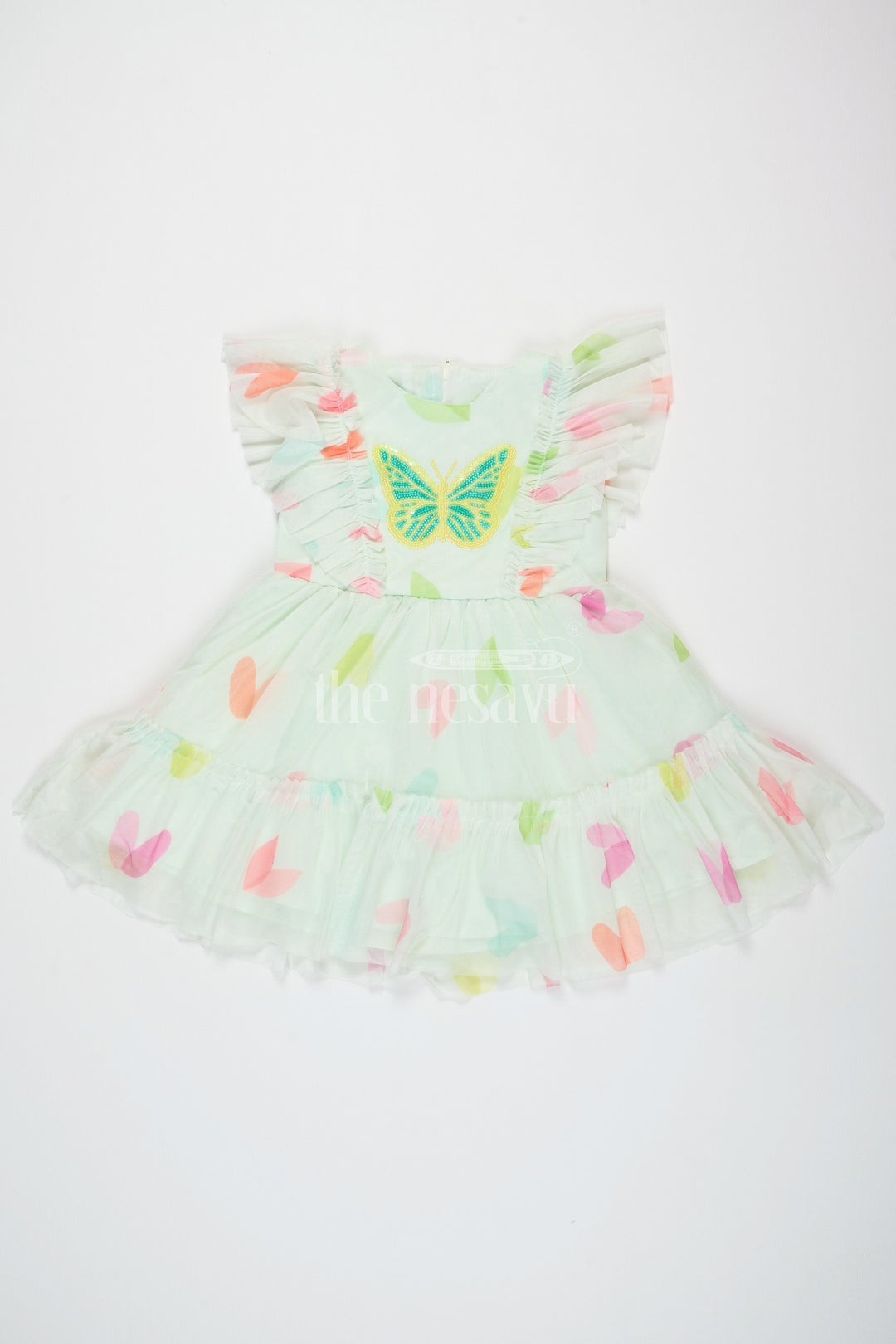 The Nesavu Girls Fancy Frock White Girls Fancy Frock with Butterfly Embroidery and Soft Net Overlay Nesavu Nesavu White Girls Fancy Frock Butterfly Embroidery Soft Net Overlay