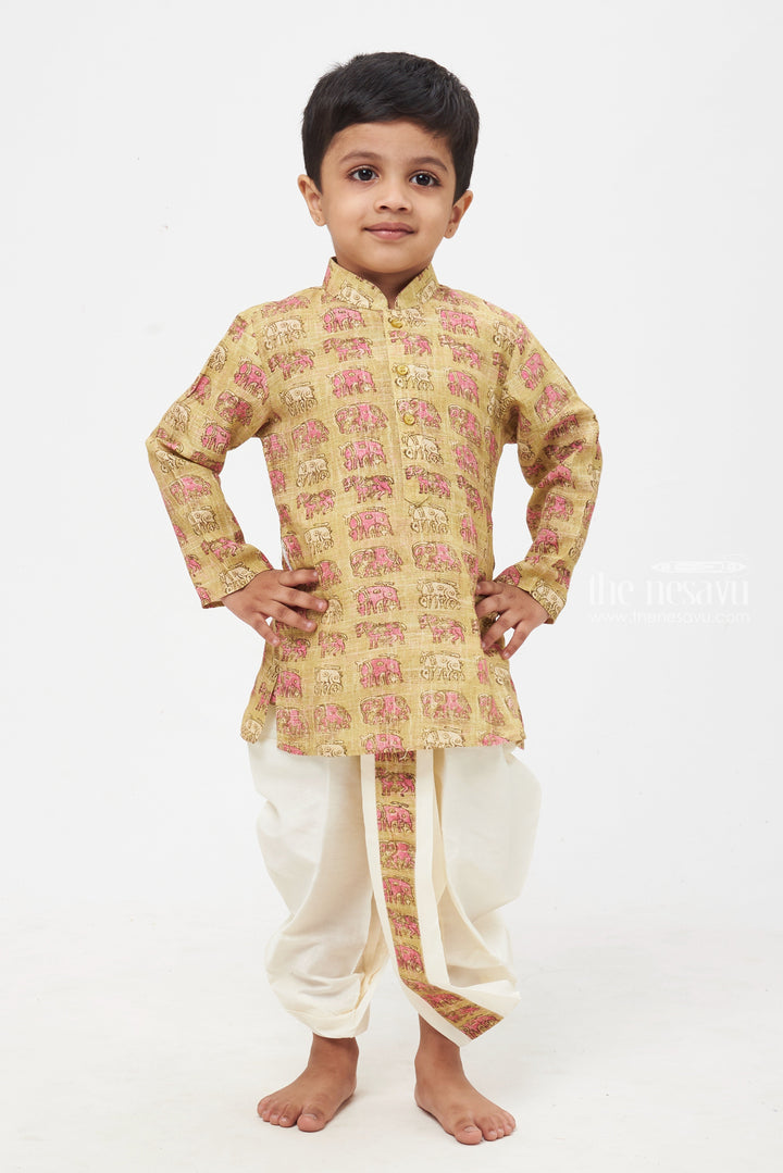 The Nesavu Boys Dothi Set Wild Charm: Green Elephant Print Kurta & Crisp White Panchagajam Ensemble for Boys Nesavu 12 (3M) / Yellow / Silk Blend BES378A-12 Handcrafted Boys Dhoti Kurta | Exclusive Ethnic Collection | The Nesavu