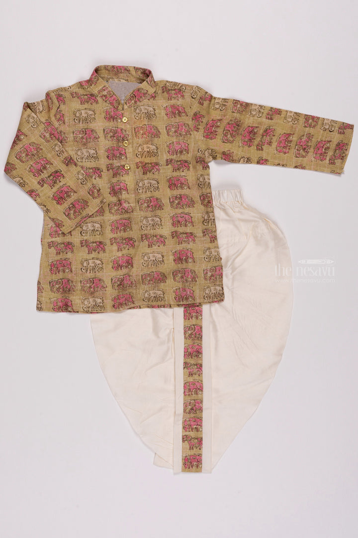 The Nesavu Boys Dothi Set Wild Charm: Green Elephant Print Kurta & Crisp White Panchagajam Ensemble for Boys Nesavu 12 (3M) / Yellow / Silk Blend BES378A-12 Handcrafted Boys Dhoti Kurta | Exclusive Ethnic Collection | The Nesavu