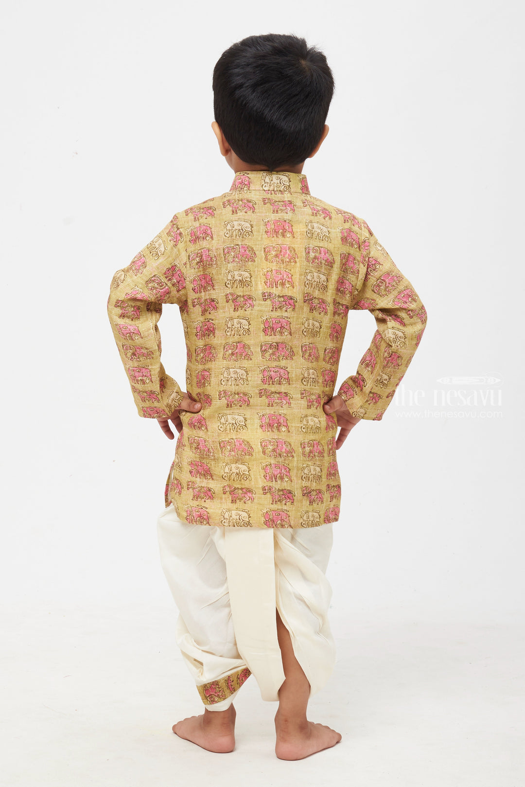 The Nesavu Boys Dothi Set Wild Charm: Green Elephant Print Kurta & Crisp White Panchagajam Ensemble for Boys Nesavu Handcrafted Boys Dhoti Kurta | Exclusive Ethnic Collection | The Nesavu