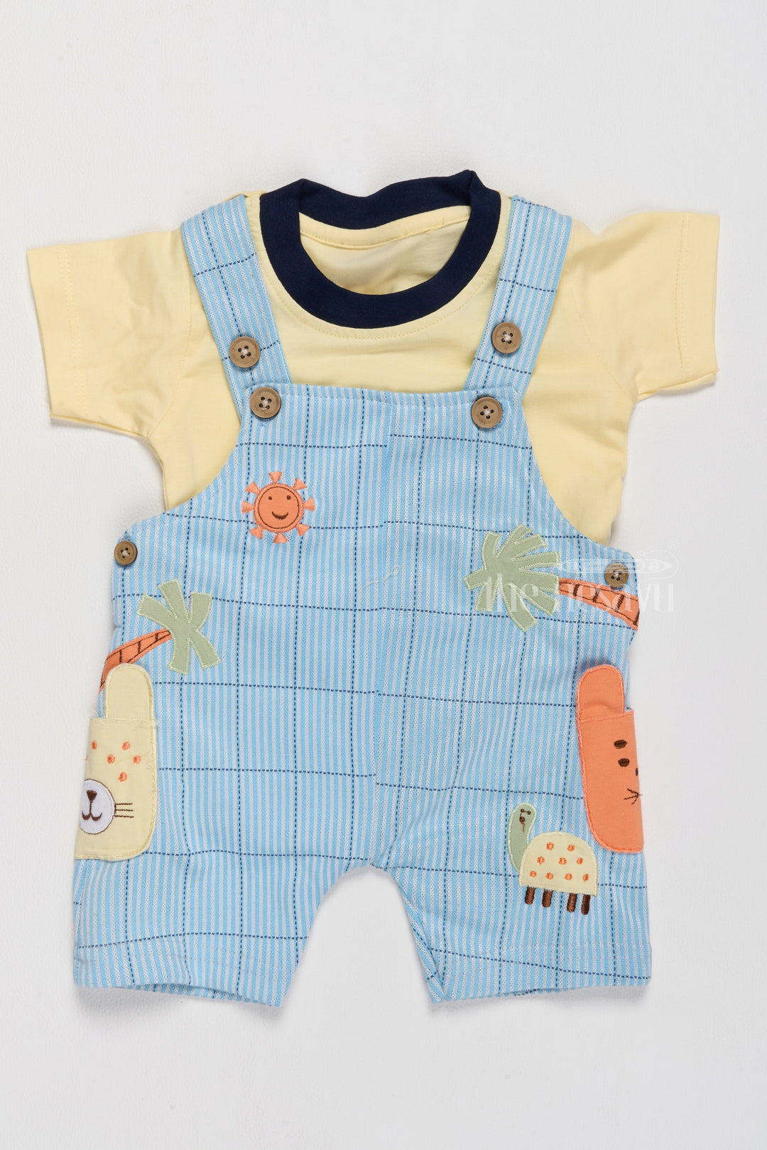 The Nesavu Baby Casual Sets Winter Clothes Newborn Blue Jungle Theme Dungaree with Yellow T-Shirt Nesavu 14 (6M) / Blue BCS191B-14 Nesavu Winter Clothes Newborn Blue Jungle Theme Dungaree Yellow T-Shirt