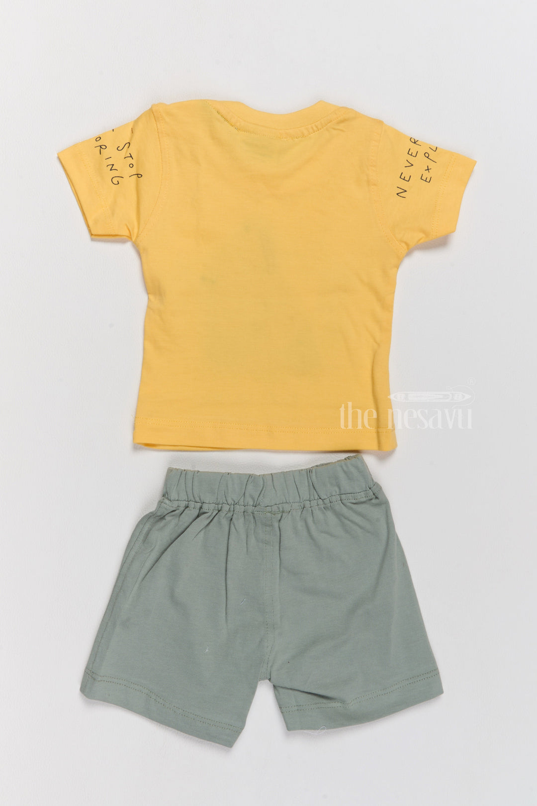 The Nesavu Baby Casual Sets Winter Party Wear Yellow Cotton T-Shirt and Green Shorts Set with Fun Car Print Nesavu Nesavu Winter Party Wear Cotton T-Shirt Shorts Set Fun Car Print