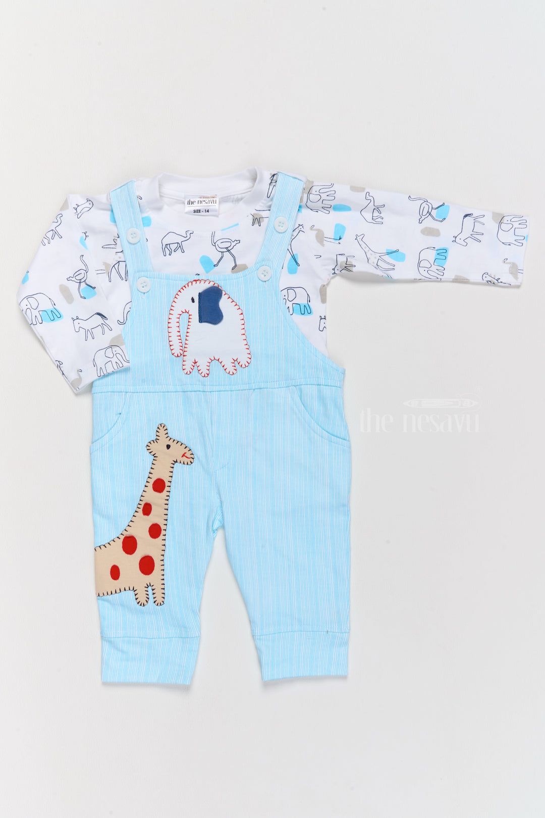 The Nesavu Baby Casual Sets Winter Wear for Newborns Cotton Blue Romper with Giraffe Applique and Printed Shirt Nesavu 14 (6M) / Blue BCS176B-14 Nesavu Winter Wear Newborns Cotton Blue Romper Giraffe Applique