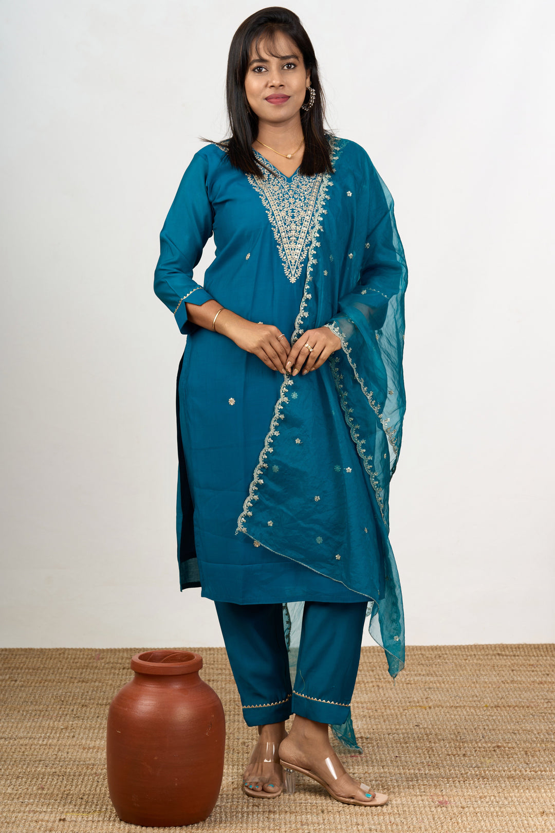 The Nesavu Womens Straight Suit Sets Women’s Blue Dress in Blend Silk with Embroidered Neckline and Sheer Dupatta Nesavu 38 (M) / Blue WTH053B-38 Nesavu Womens Blue Dress Blend Silk Embroidered Neckline Sheer Dupatta