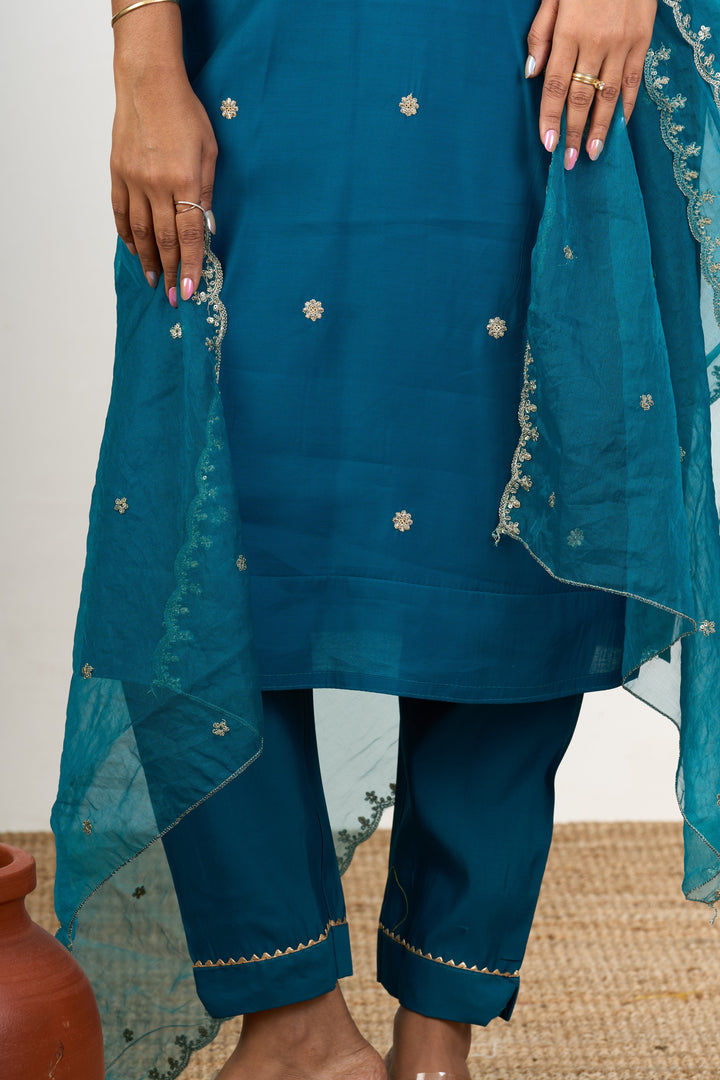 The Nesavu Womens Straight Suit Sets Women’s Blue Dress in Blend Silk with Embroidered Neckline and Sheer Dupatta Nesavu Nesavu Womens Blue Dress Blend Silk Embroidered Neckline Sheer Dupatta