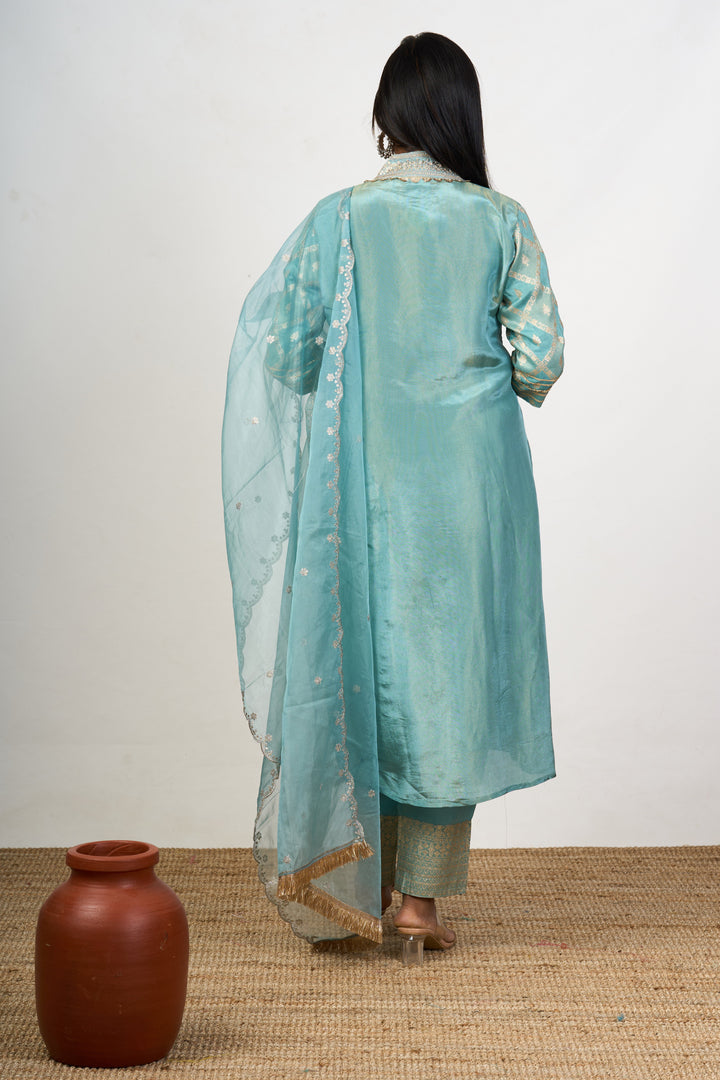 The Nesavu Womens Straight Suit Sets Women’s Dresses Embroidered in Aqua Art Silk with Sheer Dupatta and Detailed Neckline Nesavu Nesavu Aqua Art Silk Womens Dresses Embroidered Sheer Dupatta Elegant Neckline