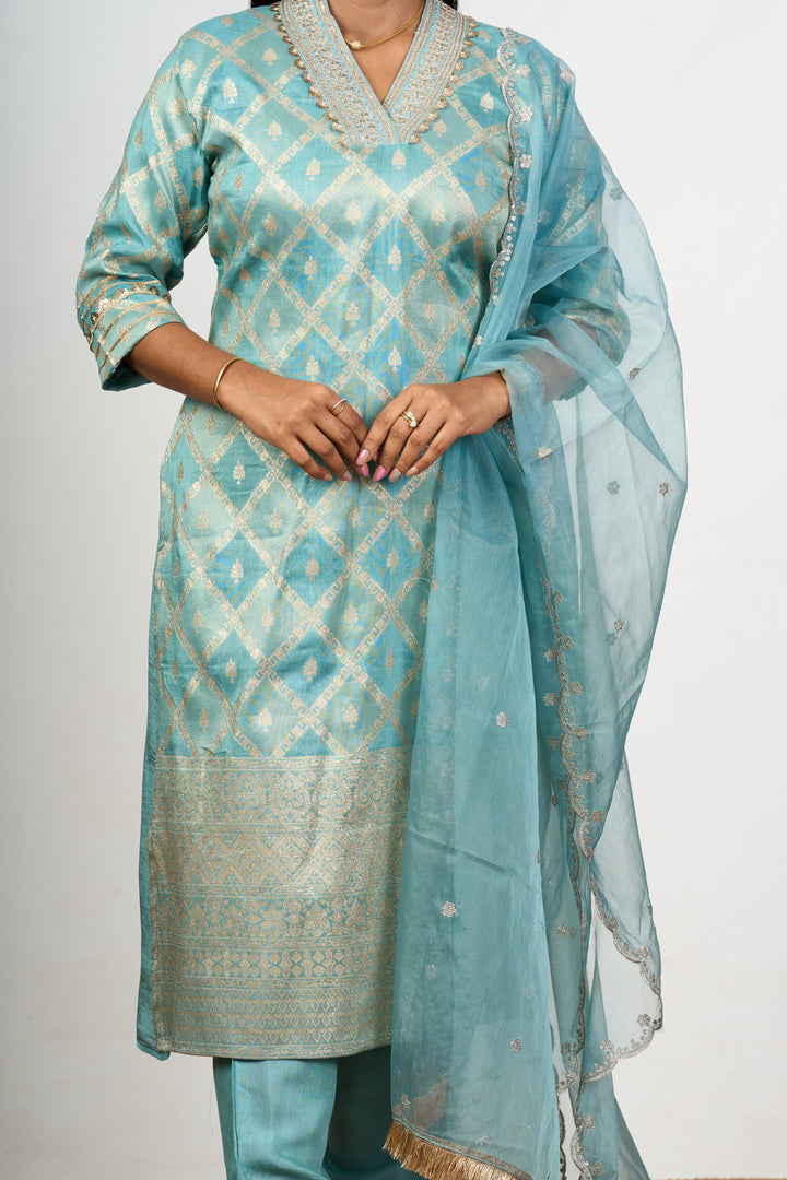 The Nesavu Womens Straight Suit Sets Women’s Dresses Embroidered in Aqua Art Silk with Sheer Dupatta and Detailed Neckline Nesavu Nesavu Aqua Art Silk Womens Dresses Embroidered Sheer Dupatta Elegant Neckline