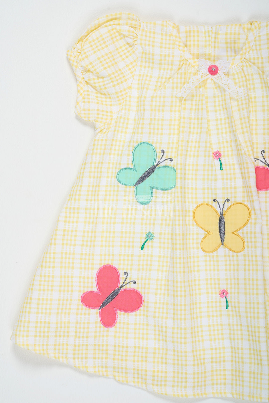 The Nesavu Baby Cotton Frocks Yellow Baby Cotton Frock with Butterfly Appliqué and Puff Sleeves for Girls Nesavu Nesavu Yellow Baby Cotton Butterfly Frock Puff Sleeves Gingham Print Casual Wear