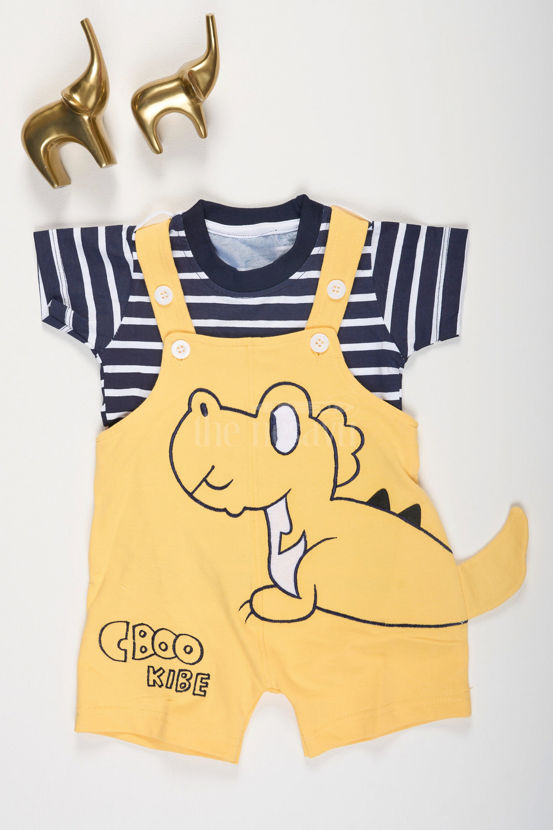 The Nesavu Baby Dungarees Yellow Baby Dungarees with Dinosaur Design and Black Striped T-Shirt for Boys Nesavu 12 (3M) / Yellow BCS141A-12 Yellow Baby Dungarees Dinosaur Graphic Striped T-Shirt Nesavu Playful Boys Outfit