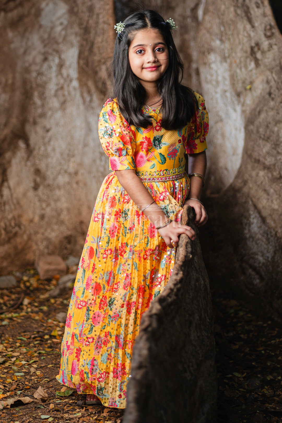 The Nesavu Girls Party Gown Yellow Blend Chinon Silk Gown with Floral Print and Embroidery Nesavu Yellow Blend Chinon Silk Gown with Floral Print and Embroidery - Nesavu