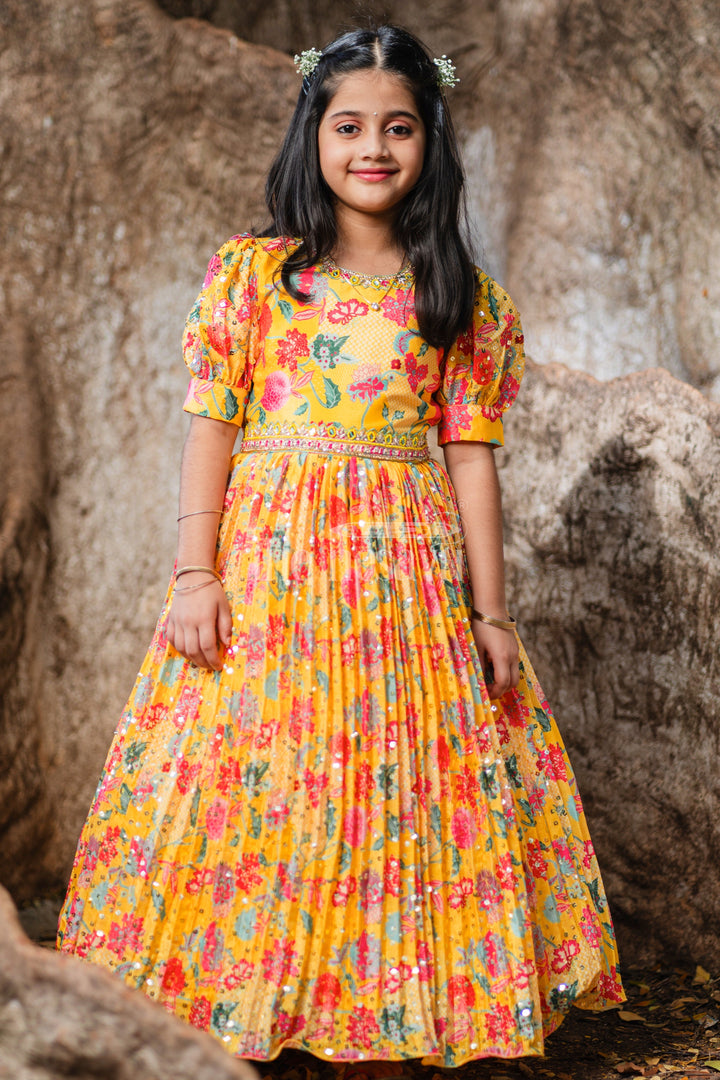 The Nesavu Girls Party Gown Yellow Blend Chinon Silk Gown with Floral Print and Embroidery Nesavu Yellow Blend Chinon Silk Gown with Floral Print and Embroidery - Nesavu