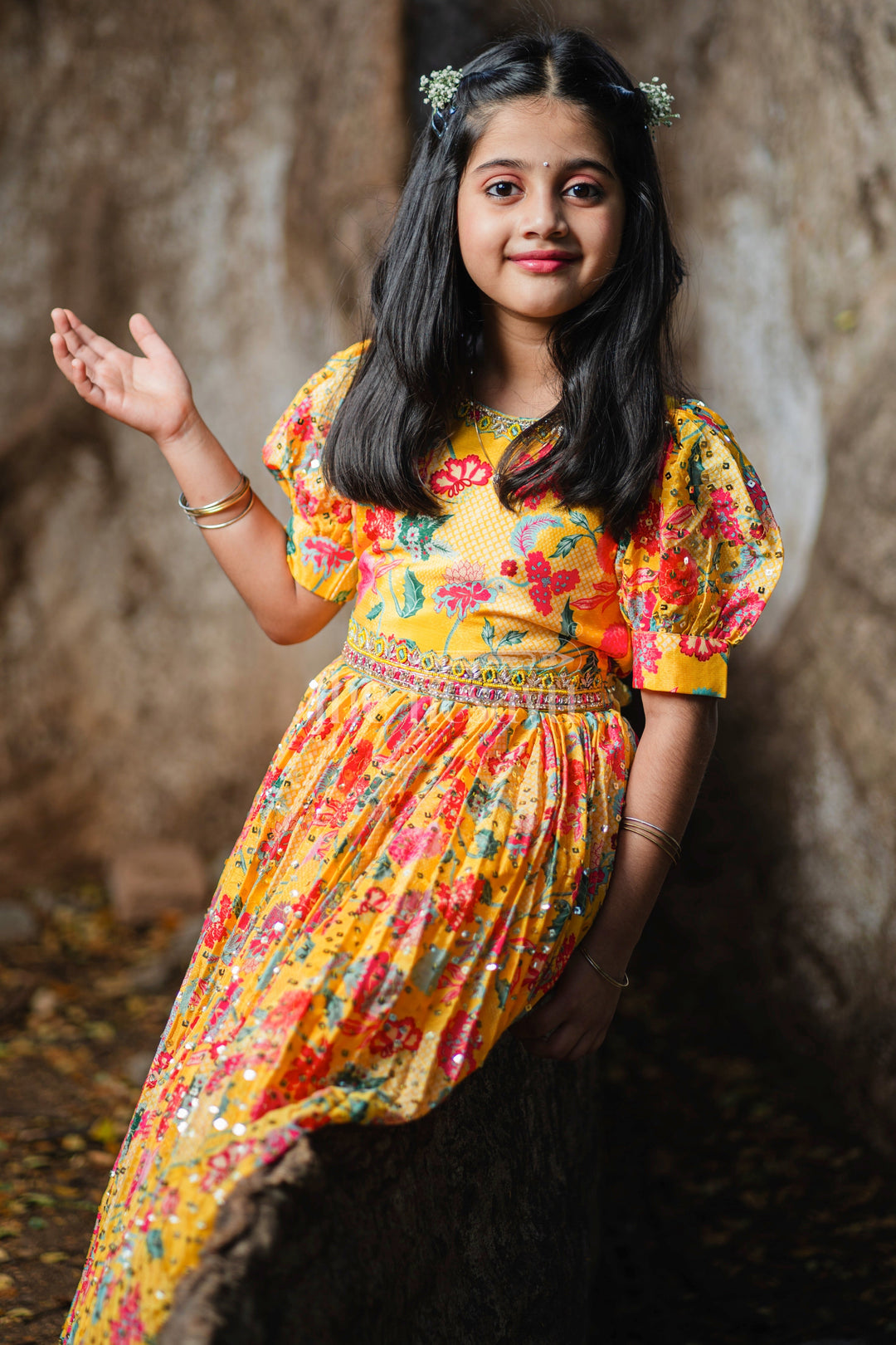 The Nesavu Girls Party Gown Yellow Blend Chinon Silk Gown with Floral Print and Embroidery Nesavu Yellow Blend Chinon Silk Gown with Floral Print and Embroidery - Nesavu