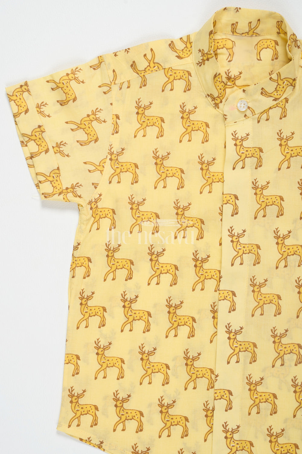 The Nesavu Boys Cotton Shirt Yellow Boys Cotton Shirt with Deer Print Half Sleeves Comfortable Summer Wear Nesavu Yellow Deer Print Boys Cotton Shirt Nesavu Half Sleeves Summer Wear Casual Outings