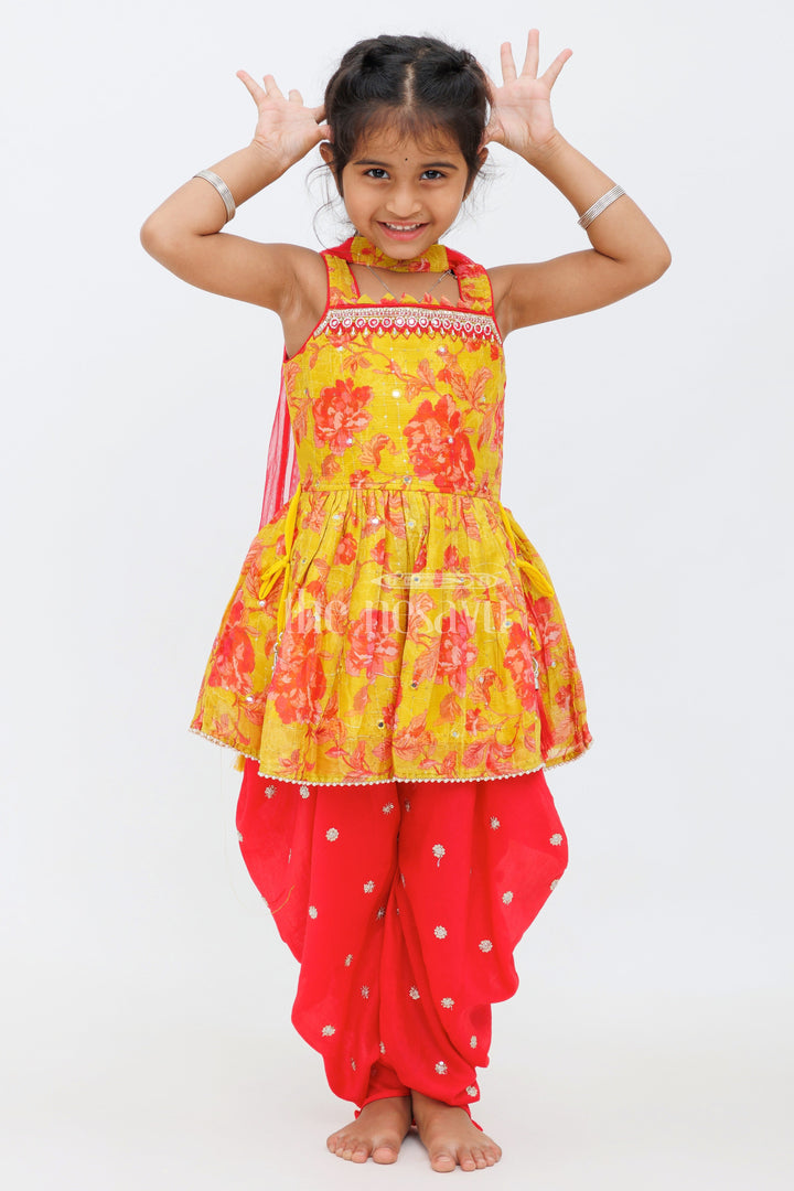 The Nesavu Girls Dothi Sets Yellow Chinon Silk Printed Peplum Top and Dhoti Set for Girls with Sequin and Mirror Detailing Nesavu 16 (1Y) / Yellow GPS395A-16 Yellow Chinon Silk Printed Peplum Top and Dhoti Set for Girls with Sequin and Mirror Detailing Nesavu