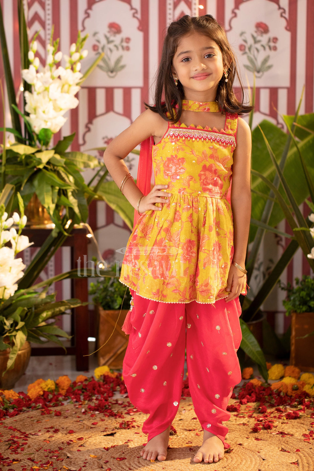 The Nesavu Girls Dothi Sets Yellow Chinon Silk Printed Peplum Top and Dhoti Set for Girls with Sequin and Mirror Detailing Nesavu 16 (1Y) / Yellow GPS395A-16 Yellow Chinon Silk Printed Peplum Top and Dhoti Set for Girls with Sequin and Mirror Detailing Nesavu