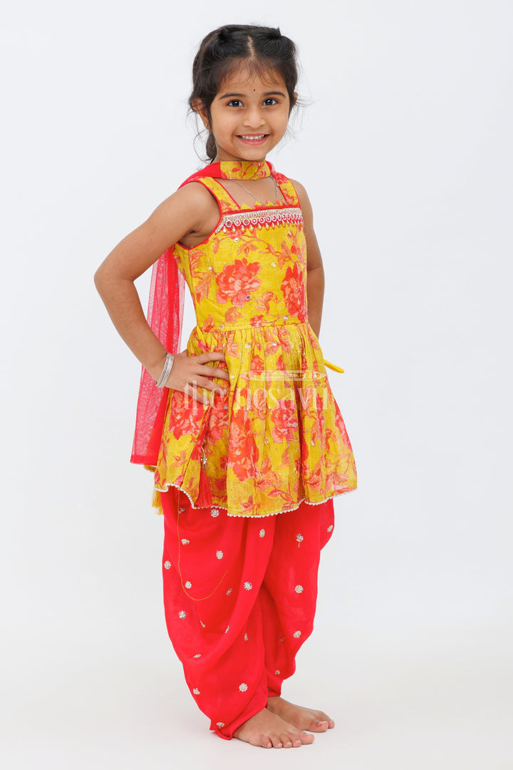 The Nesavu Girls Dothi Sets Yellow Chinon Silk Printed Peplum Top and Dhoti Set for Girls with Sequin and Mirror Detailing Nesavu Yellow Chinon Silk Printed Peplum Top and Dhoti Set for Girls with Sequin and Mirror Detailing Nesavu