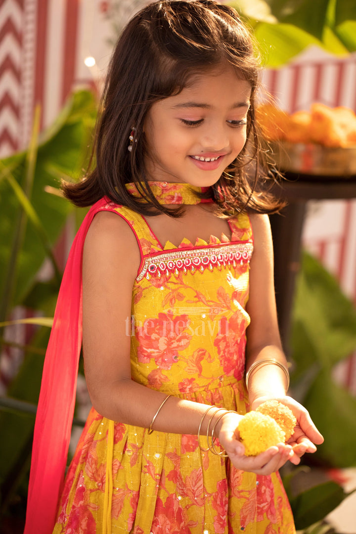 The Nesavu Girls Dothi Sets Yellow Chinon Silk Printed Peplum Top and Dhoti Set for Girls with Sequin and Mirror Detailing Nesavu Yellow Chinon Silk Printed Peplum Top and Dhoti Set for Girls with Sequin and Mirror Detailing Nesavu