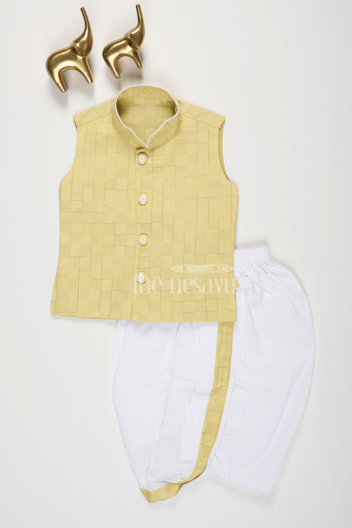 The Nesavu Boys Dothi Set Yellow Cotton Blended Boys Dhoti Set with Checkered Vest Nesavu 12 (3M) / Yellow BES571A-12 Yellow Boys Dhoti Set Checkered Vest White Pants Ceremonial Events