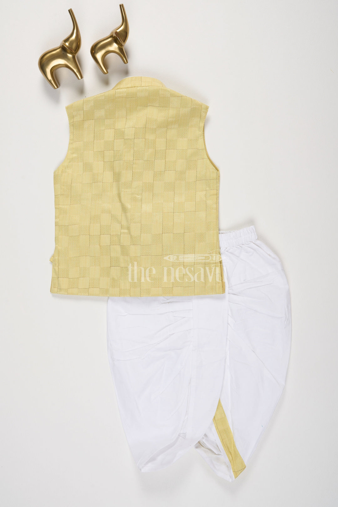 The Nesavu Boys Dothi Set Yellow Cotton Blended Boys Dhoti Set with Checkered Vest Nesavu Yellow Boys Dhoti Set Checkered Vest White Pants Ceremonial Events