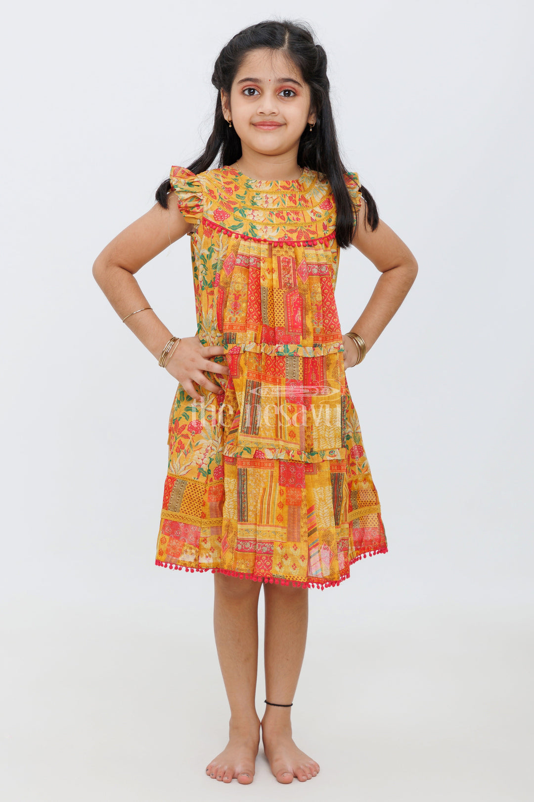 The Nesavu Girls Cotton Frock Yellow Cotton Frock with Center Box Pleats and Floral Motif for Girls Nesavu Yellow Cotton Frock with Floral Motif and Pleats for Girls Nesavu