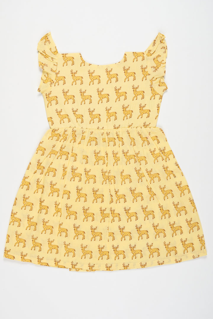 The Nesavu Baby Cotton Frocks Yellow Cotton Frock with Deer Print for Babies Adorable Outfit for Playful Days Nesavu Nesavu Yellow Cotton Baby Frock Deer Print Comfortable Stylish Kids Wear