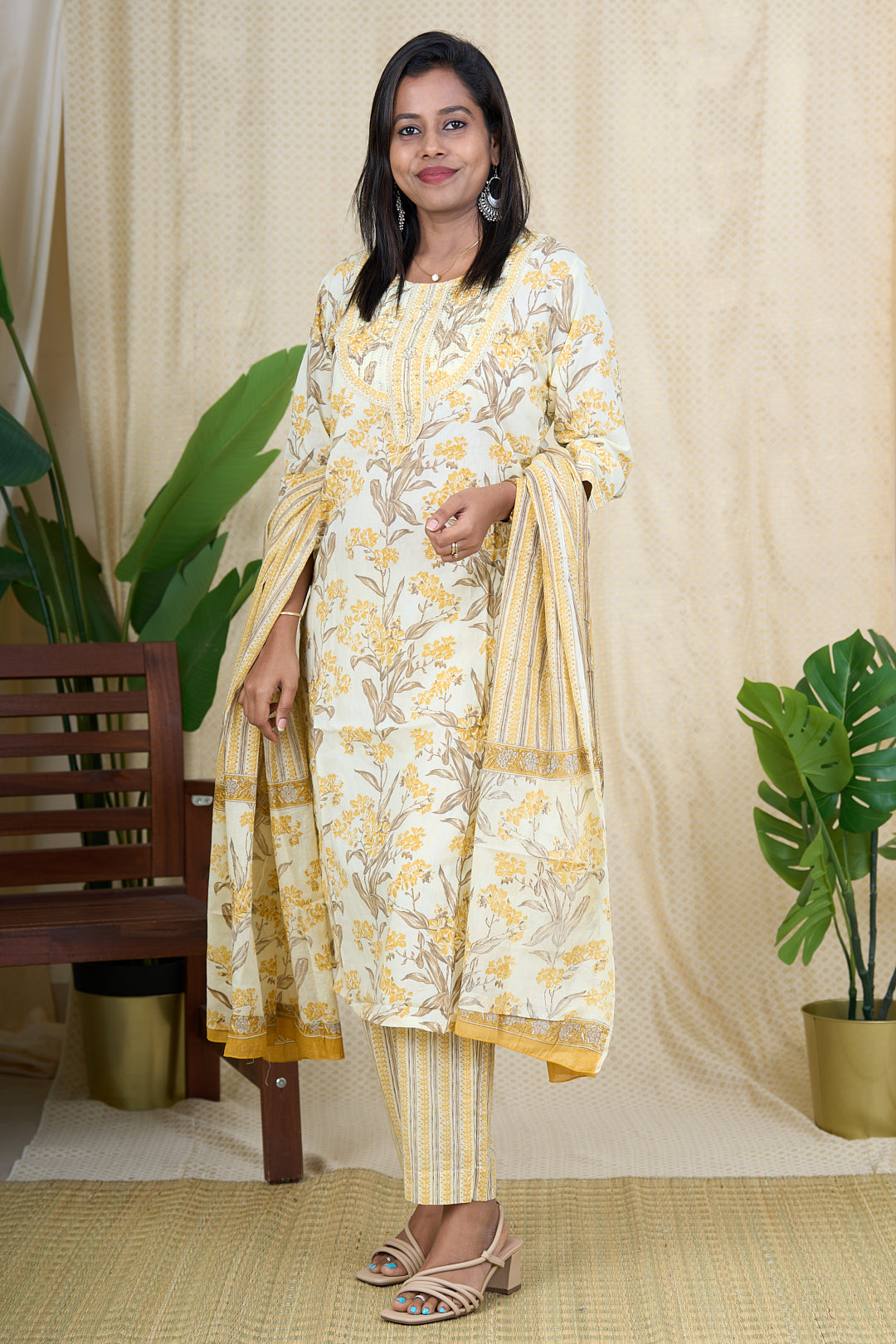 The Nesavu Womens Straight Suit Sets Yellow Cotton Screen Printed Kurta Set with Mul Cotton Dupatta Nesavu 38 (M) / Yellow / Cotton WTH014A-38 Yellow Cotton Kurta Set with Sequence Embroidered Neckline and Mul Dupatta