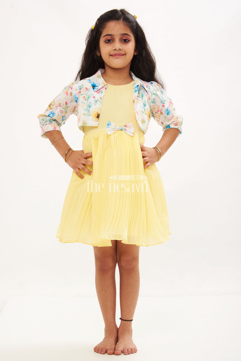 The Nesavu Girls Fancy Frock Yellow Georgette Pleated Frock with Floral Jacket for Girls Nesavu 20 (3Y) / Yellow GFC1346B-20