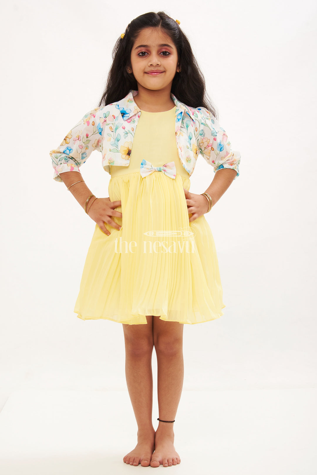 The Nesavu Girls Fancy Frock Yellow Georgette Pleated Frock with Floral Jacket for Girls Nesavu 20 (3Y) / Yellow GFC1346B-20