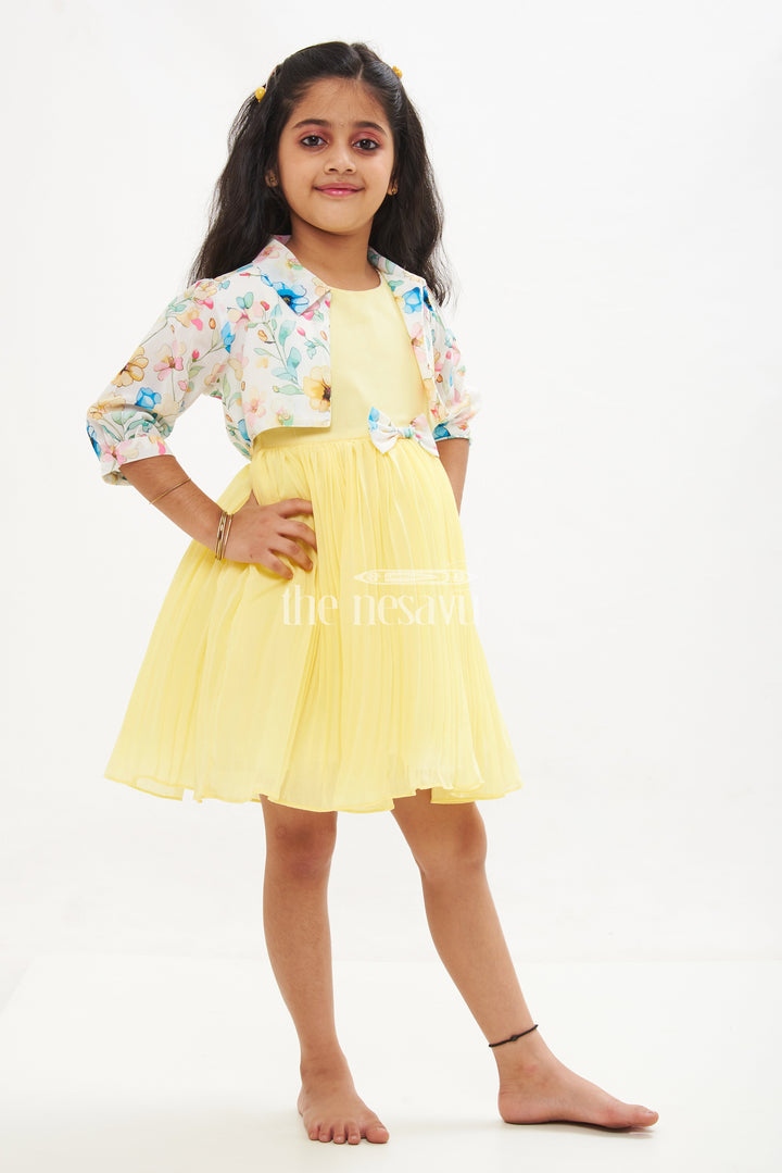 The Nesavu Girls Fancy Frock Yellow Georgette Pleated Frock with Floral Jacket for Girls Nesavu