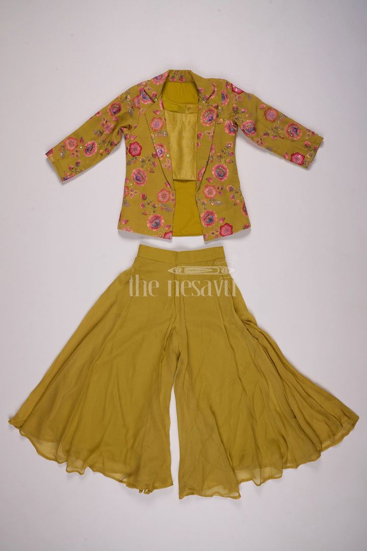 The Nesavu Girls Sharara / Plazo Set Yellow Georgette Sharara Set for Girls with Haldi Function Theme Nesavu 24 (5Y) / Yellow GPS376A-24 Yellow Georgette Sharara Set for Girls with Sequin Embroidery - Nesavu