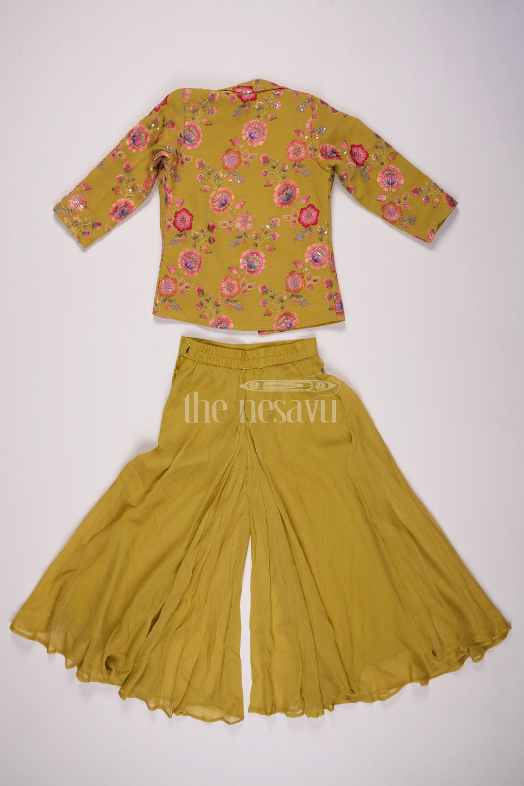 The Nesavu Girls Sharara / Plazo Set Yellow Georgette Sharara Set for Girls with Haldi Function Theme Nesavu Yellow Georgette Sharara Set for Girls with Sequin Embroidery - Nesavu