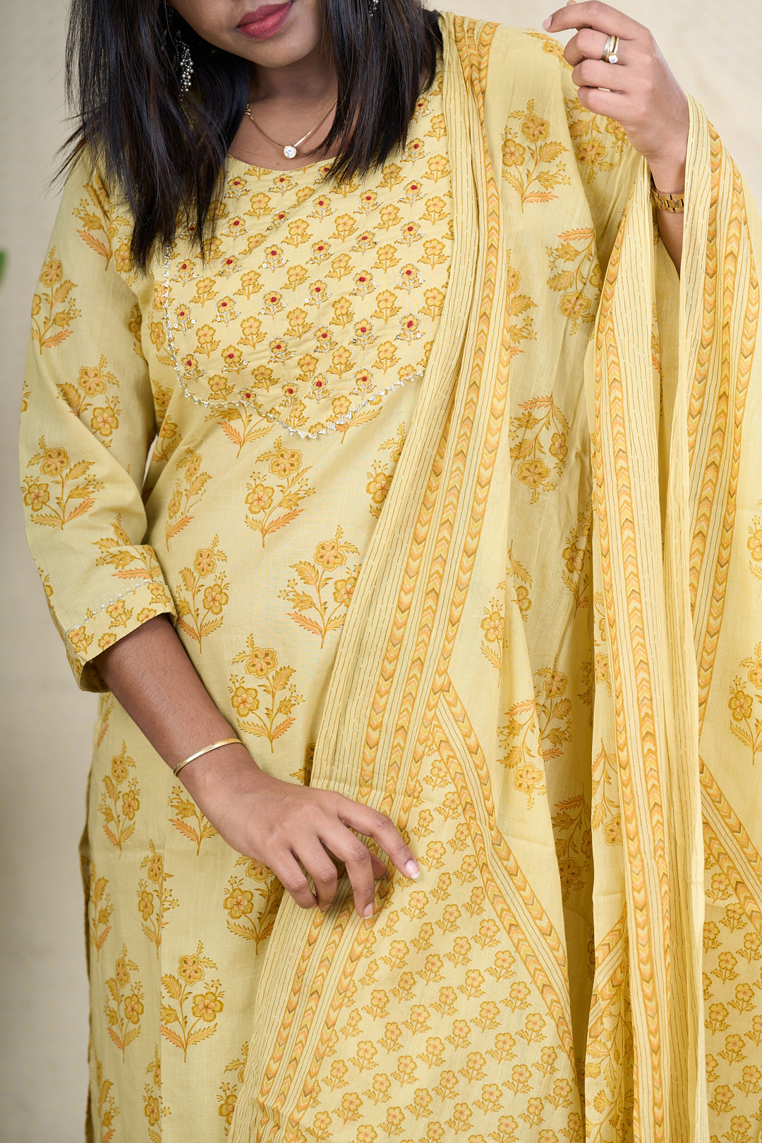 The Nesavu Womens Straight Suit Sets Yellow Hand Block Printed Cotton Kurta Set with Mul Cotton Dupatta Nesavu Yellow Cotton Kurta Set with AARI Embroidery and Mul Cotton Dupatta