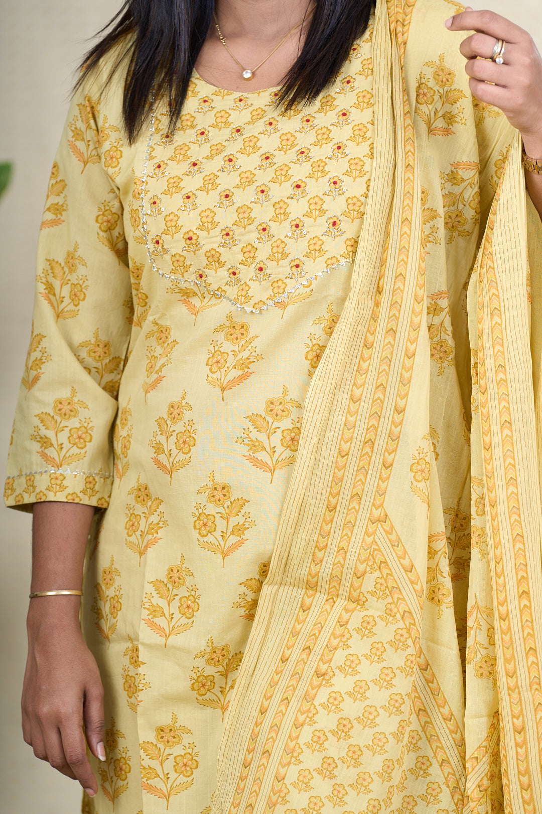 The Nesavu Womens Straight Suit Sets Yellow Hand Block Printed Cotton Kurta Set with Mul Cotton Dupatta Nesavu Yellow Cotton Kurta Set with AARI Embroidery and Mul Cotton Dupatta