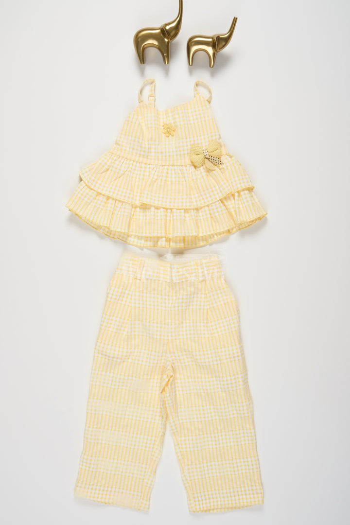 The Nesavu Girls Casual Set Yellow Plaid Co-Ord Set for Girls with Ruffled Sleeveless Top and Capri Pants Nesavu 16 (1Y) / Yellow GPS435B-16 Nesavu Girls Yellow Plaid Co-Ord Set Ruffled Top Matching Capri Pants