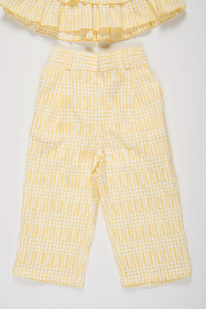 The Nesavu Girls Casual Set Yellow Plaid Co-Ord Set for Girls with Ruffled Sleeveless Top and Capri Pants Nesavu Nesavu Girls Yellow Plaid Co-Ord Set Ruffled Top Matching Capri Pants