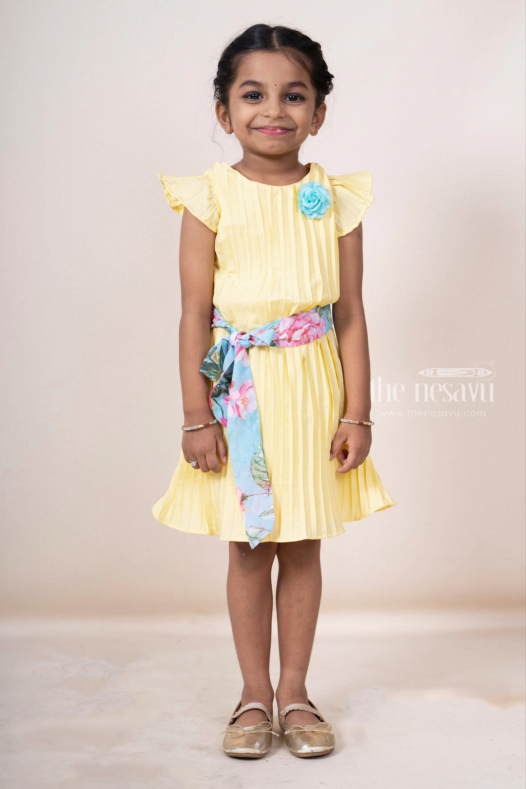 The Nesavu Girls Fancy Frock Yellow Pleated Semi Crepe Cotton Gown For Baby Girls Nesavu 22 (4Y) / Yellow / Crepe GFC895-22 Yellow Silk Cotton Frocks | Girls Party Wear Dress Ideas | The Nesavu