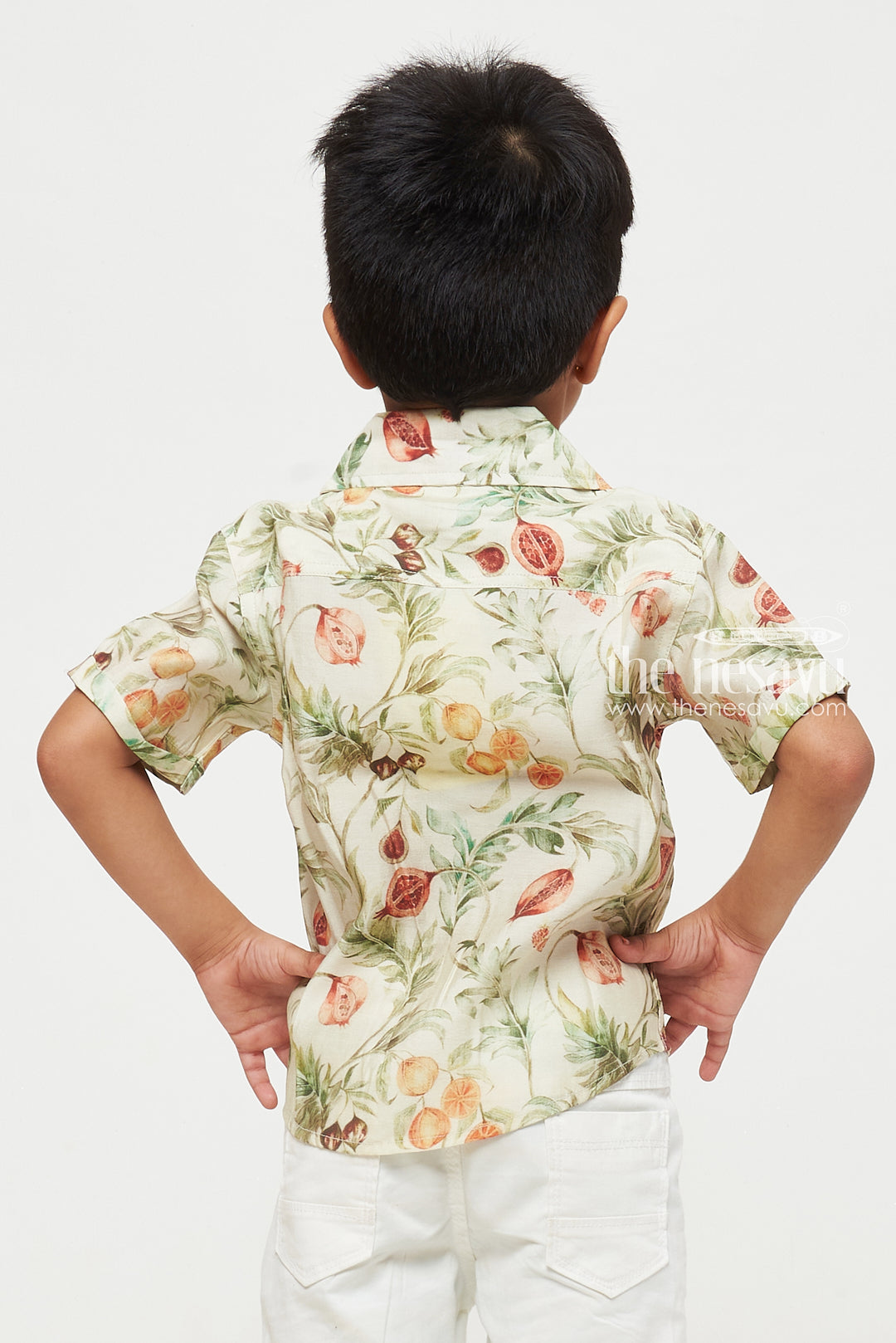 The Nesavu Boys Cotton Shirt Yellow Pomegranate Watercolor Print Shirt - Perfect for Parties, Beach, and Casual Wear Nesavu Cream Botanical Toddler Shirt | High-Quality Cotton | Perfect for Casual and Festive Wear