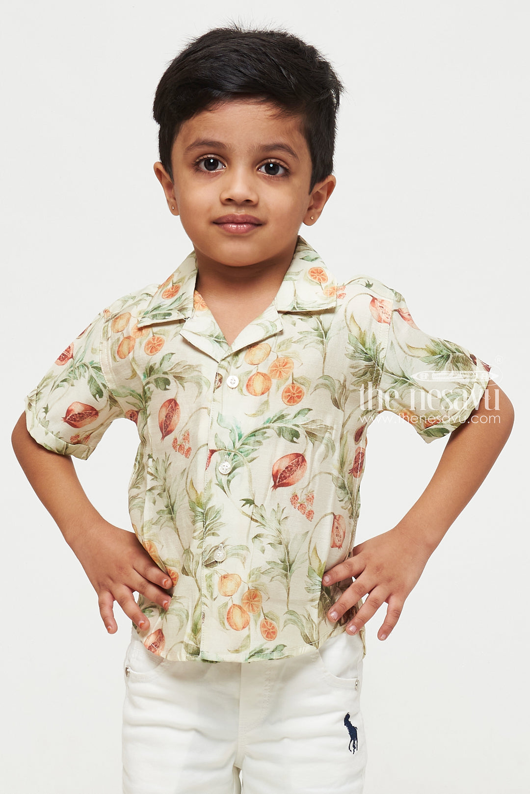 The Nesavu Boys Cotton Shirt Yellow Pomegranate Watercolor Print Shirt - Perfect for Parties, Beach, and Casual Wear Nesavu Cream Botanical Toddler Shirt | High-Quality Cotton | Perfect for Casual and Festive Wear