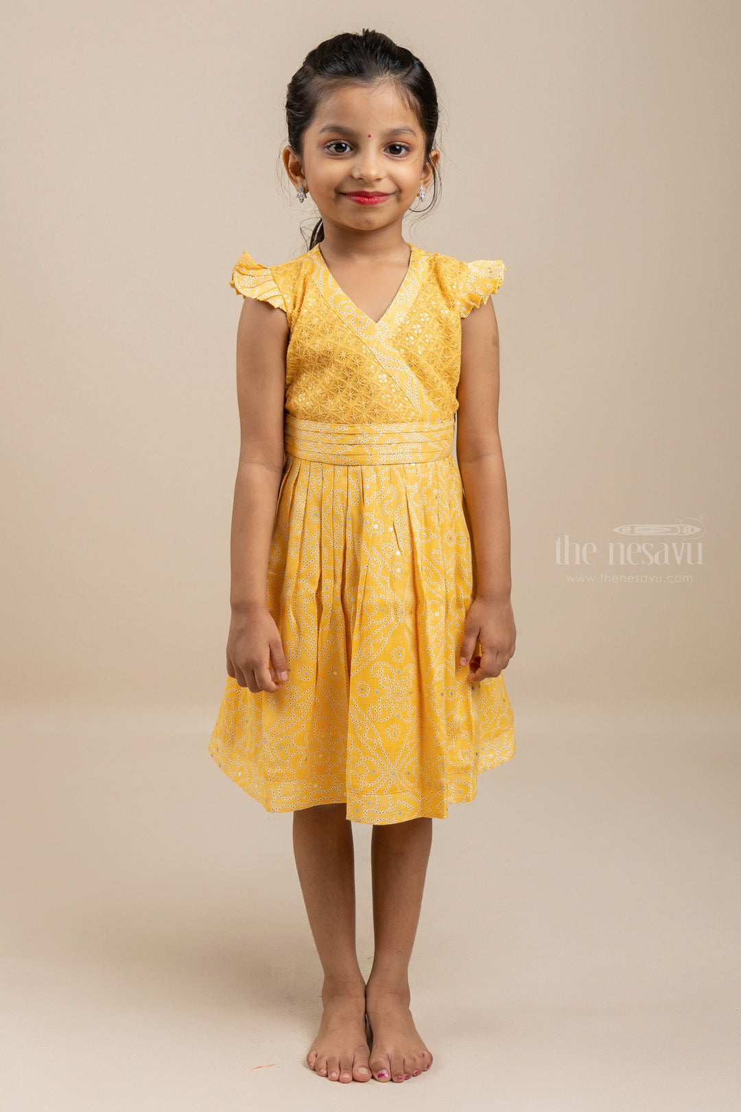 The Nesavu Girls Fancy Frock Yellow Princess - Exquisite V-Neck Cute Frocks Nesavu 12 (3M) / Yellow / Cotton GFC966A-12 Latest Organic Cotton Children Clothes| Soft Frocks| The Nesavu