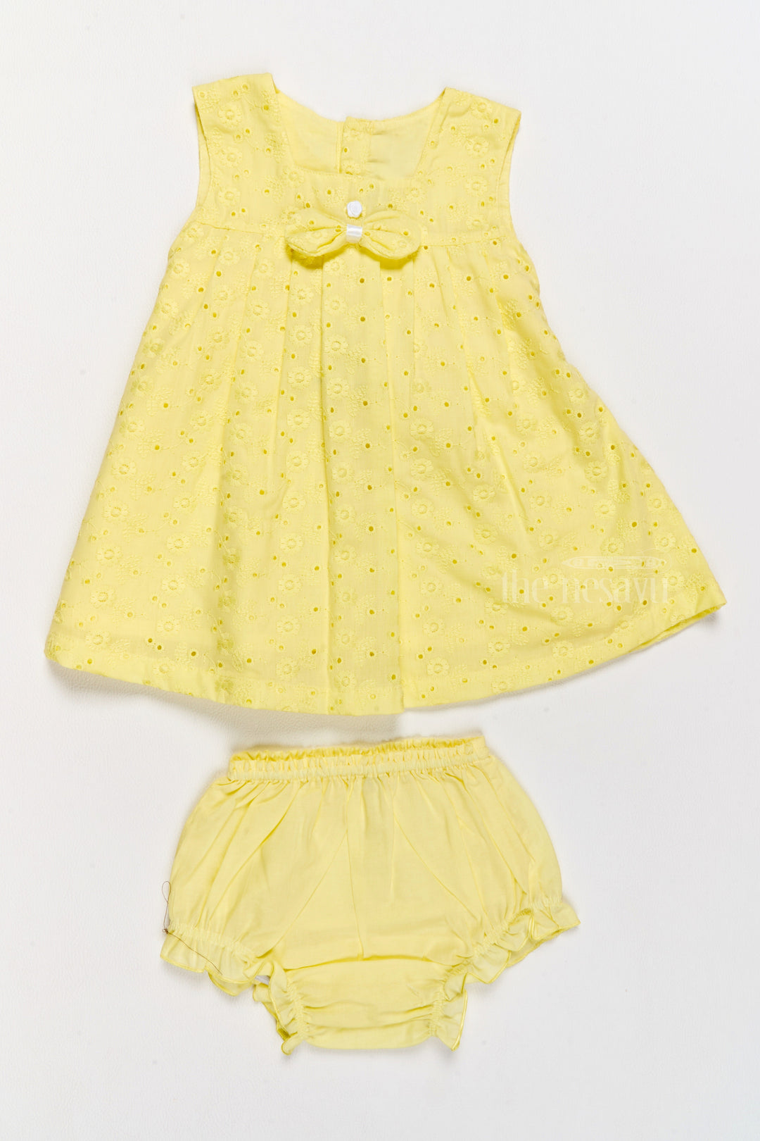 The Nesavu Baby Casual Sets Yellow SelfEmbroidered Cotton Frock with Bloomers Nesavu 10 (NB) / Yellow BFJ609A-10 Yellow Self-Embroidered Cotton Frock with Bloomers - Nesavu