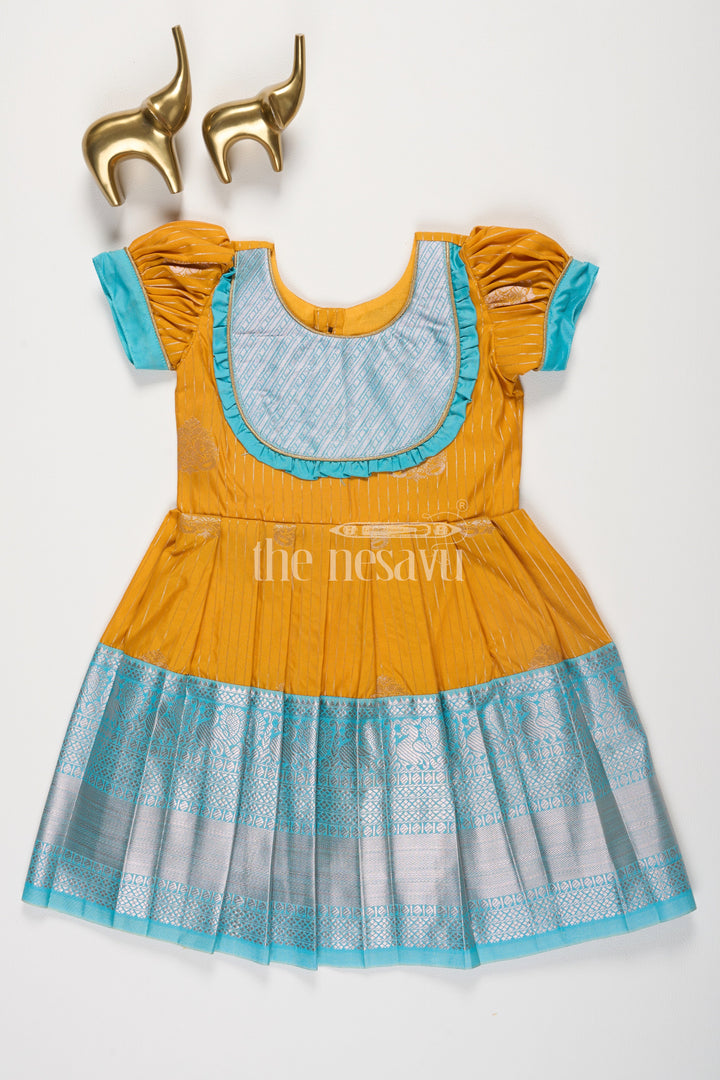 The Nesavu Girls Kanchi Silk Frock Yellow Semi Kanchivaram Silk Frock with Blue Zari Border and Puff Sleeves for Girls Nesavu 18 (2Y) / Yellow / Style 1 SF818BA-18 Nesavu Yellow Semi Kanchivaram Silk Frock Blue Zari Puff Sleeves Weddings Festive Occasions