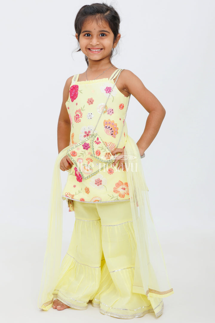 The Nesavu Girls Sharara / Plazo Set Yellow Sharara Set with Floral Thread Embroidery and Gota Patti Highlights for Girls Nesavu Yellow Sharara Set with Floral Thread Embroidery and Gota Patti Highlights for Girls Nesavu