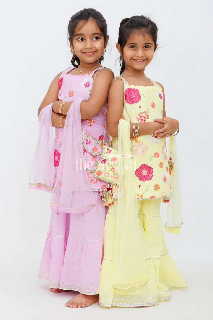 The Nesavu Girls Sharara / Plazo Set Yellow Sharara Set with Floral Thread Embroidery and Gota Patti Highlights for Girls Nesavu Yellow Sharara Set with Floral Thread Embroidery and Gota Patti Highlights for Girls Nesavu