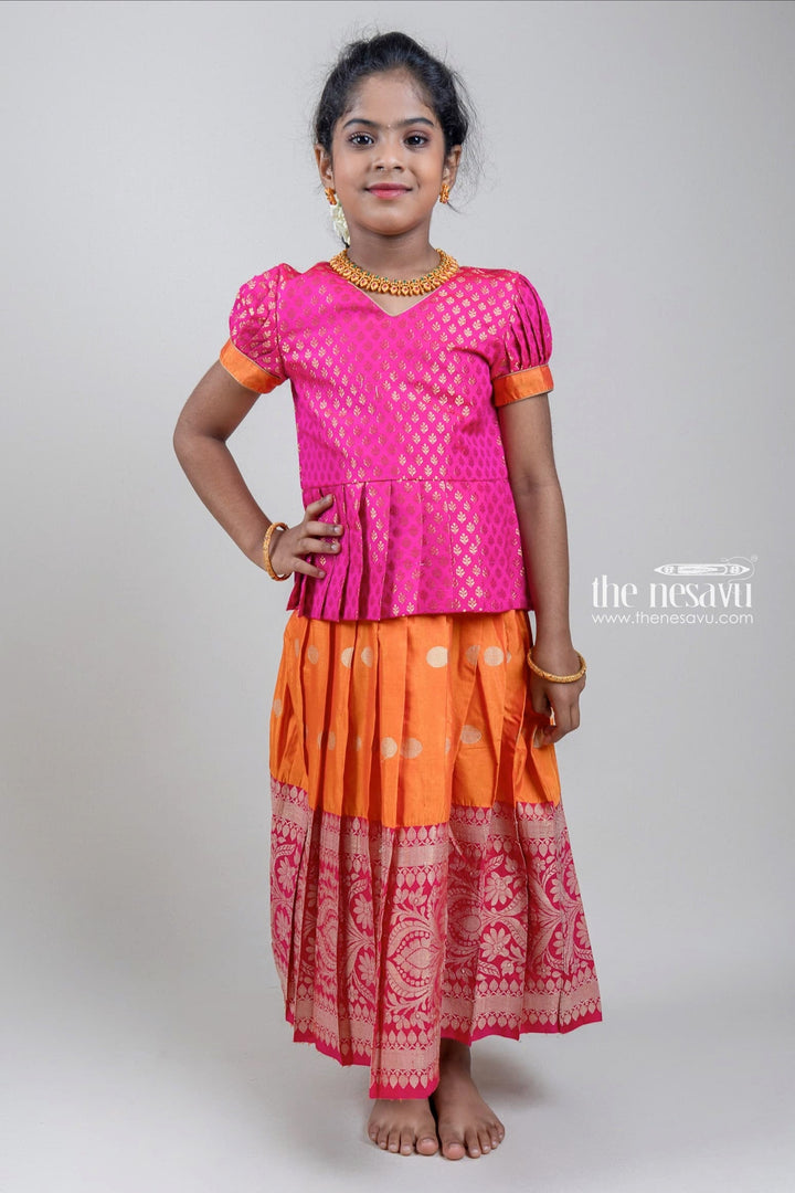 The Nesavu Pattu Pavadai Zari Brocade Printed Pink Silk Peplum Blouse with Knife Pleated Pink Silk Skirt for Girls Nesavu 16 (1Y) / Pink / Big Border GPP265A-16 Zari Brocade Printed Pink Silk Peplum Blouse with Knife Pleated Pink Silk Skirt for Girls | Shop at The Nesavu