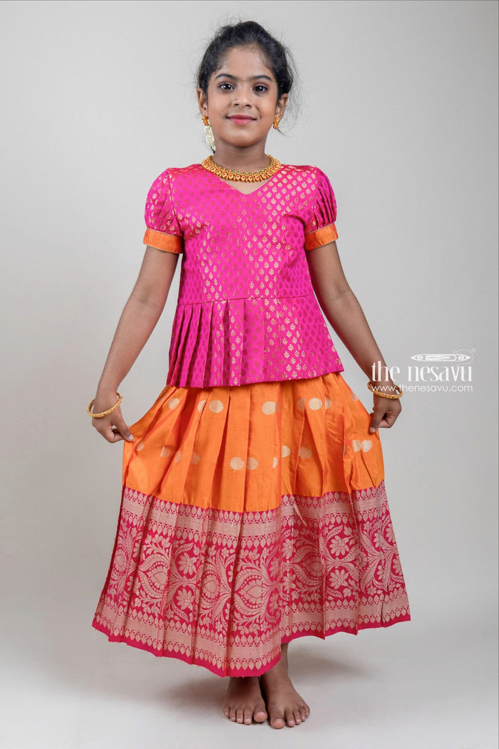 The Nesavu Pattu Pavadai Zari Brocade Printed Pink Silk Peplum Blouse with Knife Pleated Pink Silk Skirt for Girls Nesavu Zari Brocade Printed Pink Silk Peplum Blouse with Knife Pleated Pink Silk Skirt for Girls | Shop at The Nesavu