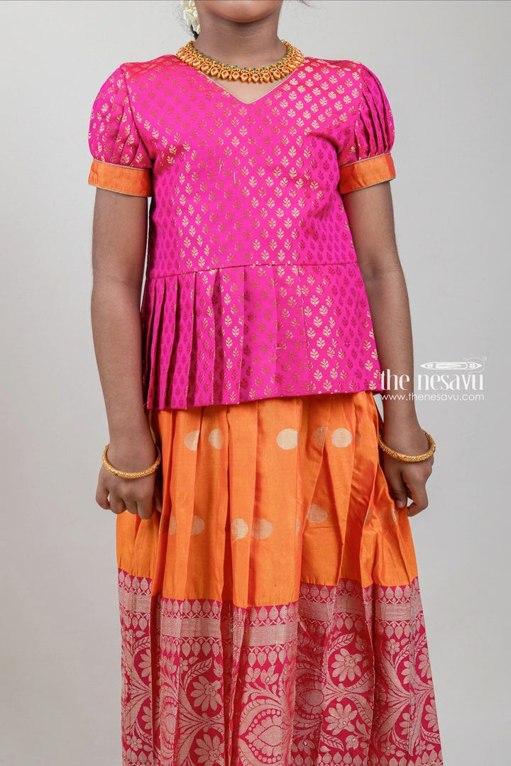 The Nesavu Pattu Pavadai Zari Brocade Printed Pink Silk Peplum Blouse with Knife Pleated Pink Silk Skirt for Girls Nesavu Zari Brocade Printed Pink Silk Peplum Blouse with Knife Pleated Pink Silk Skirt for Girls | Shop at The Nesavu